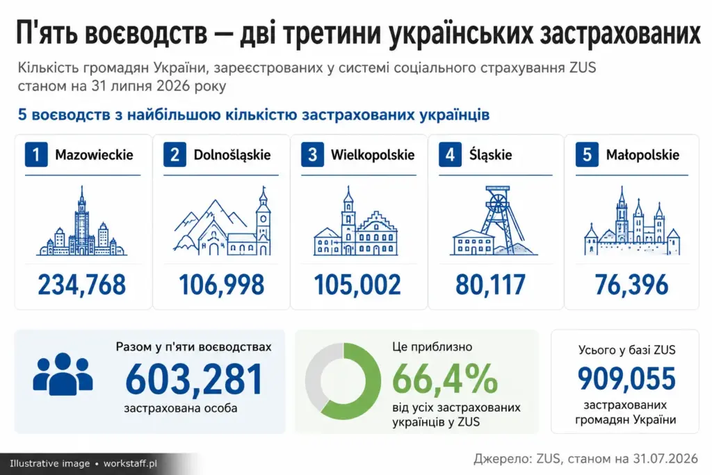 П'ять воєводств Польщі з найбільшою кількістю застрахованих українців за даними ZUS