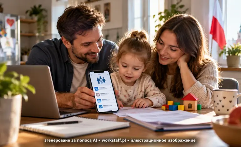 Смартфон із цифровими державними послугами та сім’я з дитиною як символ планованого автоматичного продовження виплат 800+ у Польщі.