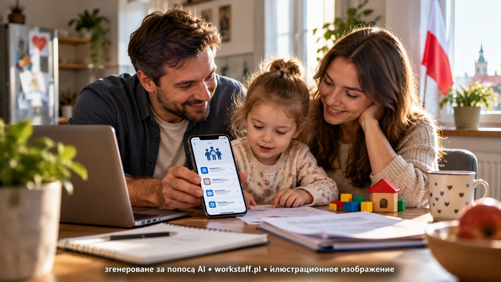 Смартфон із цифровими державними послугами та сім’я з дитиною як символ планованого автоматичного продовження виплат 800+ у Польщі.