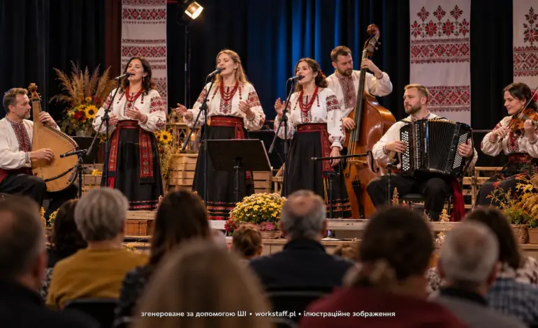 Український фольклорний ансамбль виступає на сцені під час культурного фестивалю в Польщі.