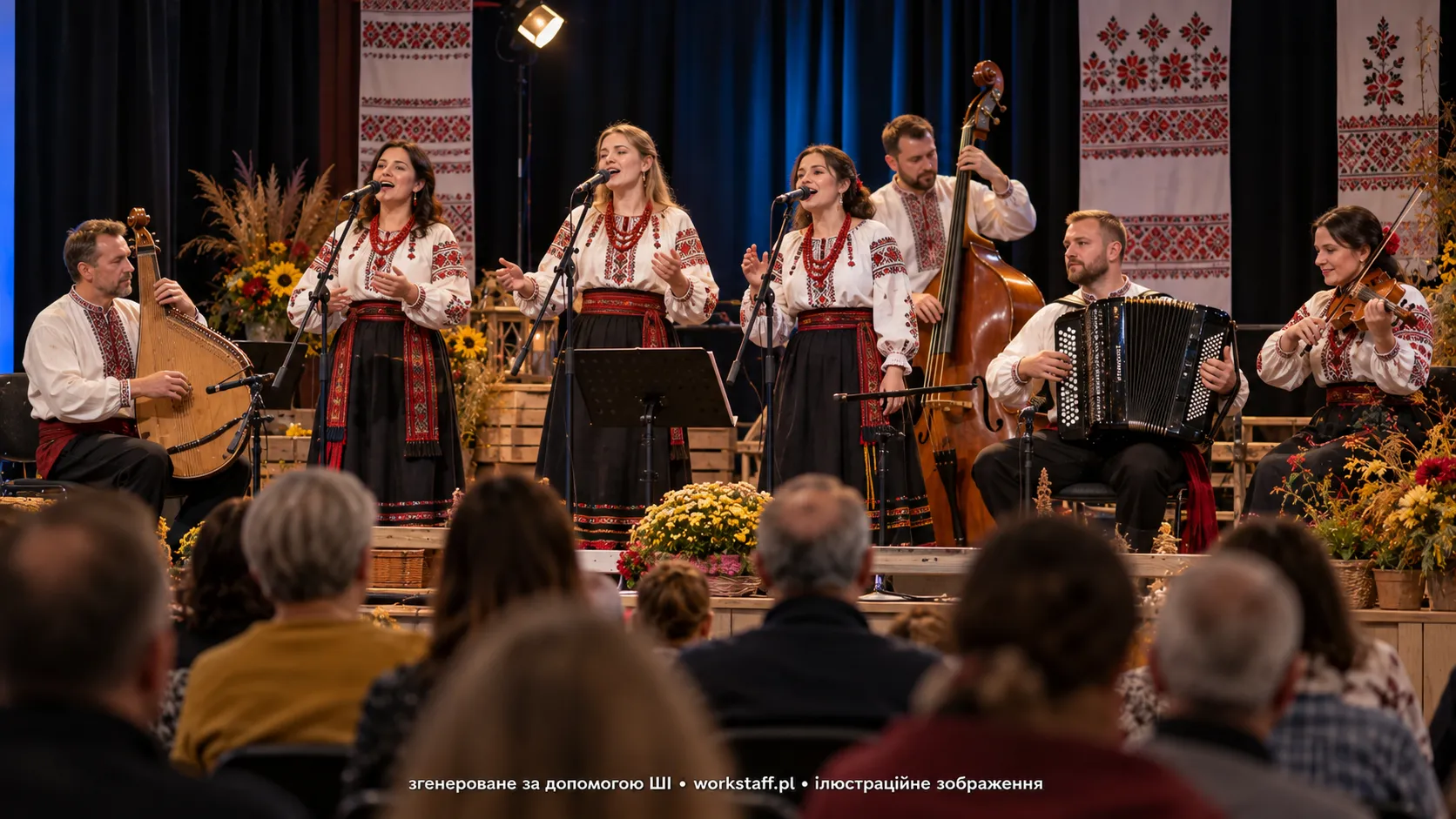 Український фольклорний ансамбль виступає на сцені під час культурного фестивалю в Польщі.