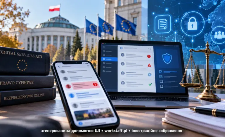 Ілюстрація цифрової безпеки, модерації контенту та протидії незаконним публікаціям в інтернеті в Польщі.