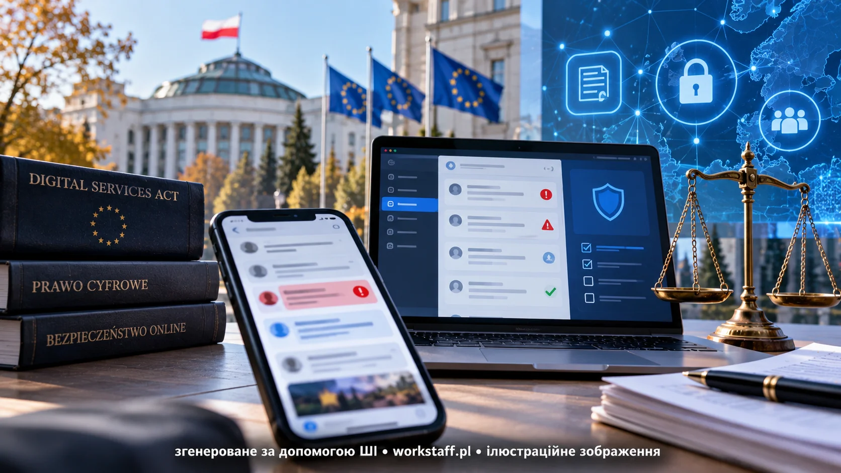 Ілюстрація цифрової безпеки, модерації контенту та протидії незаконним публікаціям в інтернеті в Польщі.